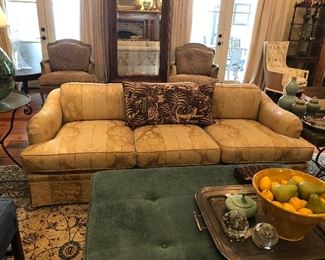 BAKER silk damask sofa in mint condition, paired with a custom Clarence House pillow; Wesley Hall high coffee table/ottoman with shelf below 