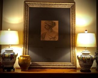 Old Master charcoal drawing on laid paper, custom framed for monumental impact! Antique confit jar, Majolica custom made lamps - near pair. 