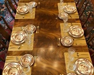 Copeland Spode “India Tree”, service for 12; “Uraida Bronze” flatware for 8; water, wine, and champagne coupe cut crystal stems for 10