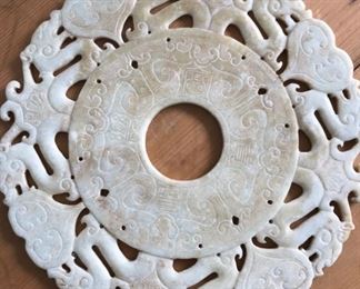 Carved Jade Bi Disc with dragons, 9 1/4” diameter