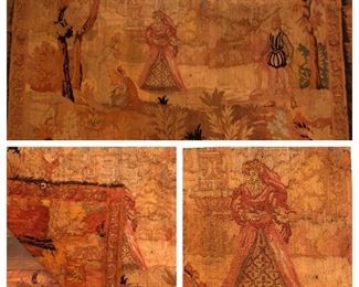 Antique woolen tapestry, 46” high by 64” wide. See reverse stitching at the lower left photograph. 