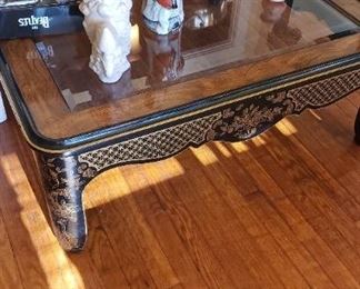 Glass top Asian design coffee table, accessories