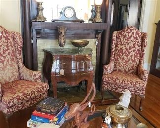 Wing back chairs, Asian coffee table, games, books