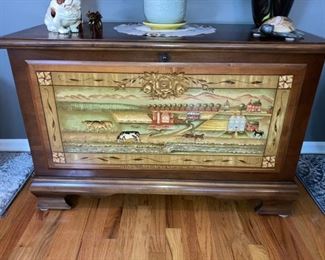 stunning vintage Lane Furniture blanket chest with hand-painted folk art style farm scene.  Immaculate condition  $300