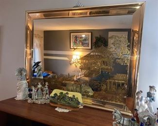 large vintage Mid-century Chinese mirror with incised pagoda/ village scene $150