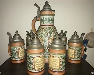 Antique German stein set, with tankard [6 steins in all, excellent condition]  $100 for all