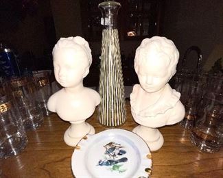 Retro MCM Vintage Peach Orange White Stripe Glass Liquor Decanter Bottle $30
Antique girl and boy bust $38
(2) Bluebird Plates $12