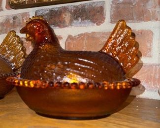 Vintage glass  hen in nest candy dish $15