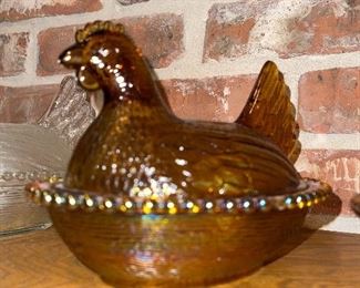 Carnival glass hen in nest candy dish $25