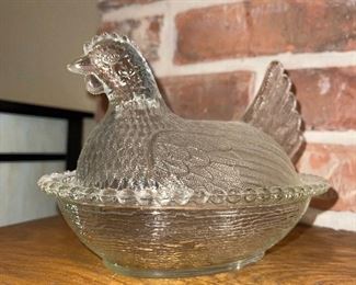 Vintage clear glass hen on nest candy dish $15