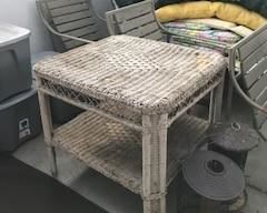 wicker table and woodmetal patio set