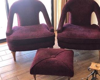 2 mid century chairs and 1 ottoman