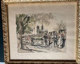 Vintage Franz Herbelot, Montebello, Moulin Rouge Paris, Signed Watercolor in Gold Frame. This was painted for the family during a 1960's trip to Paris. It was painted and signed in front of them along the Seine River verified as an original by the owner.