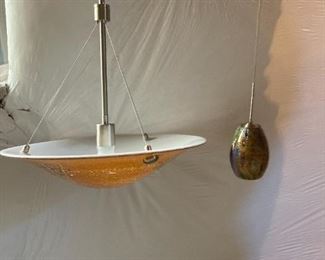Beautiful round glass hanging light and 3 drop lights with colorful glass pattern