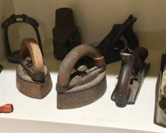 ANTIQUE SAD IRONS & WOOD PLANES
