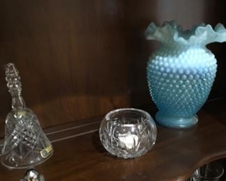 FENTON BLUE OPALESCENT RUFFLE VASE & CRYSTAL