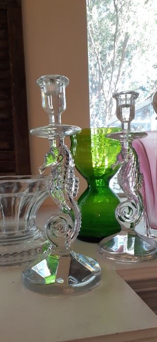 Pair Gorgeous Waterford Lead Crystal Glass Seahorse Candlesticks