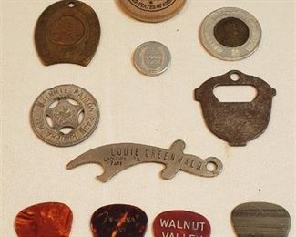 Vintage Good Luck Tokens (2 with Wheat Pennies), Bottle Openers and Guitar Picks