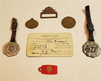 Antique Trade Card, Metal Medallions/Charms and Vintage Plastic Key Chain Advertising