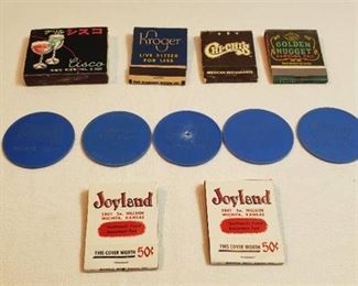 Joyland Matchbooks, 5 Sta-Krisp Ad Pogs for Free Rides at Joyland and other Vintage Matchbooks