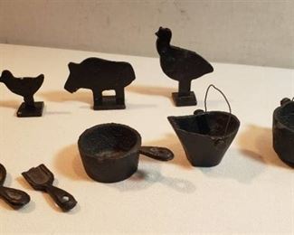 Miniature Cast Iron Pots & Pans and 3 Steel Farm Animals