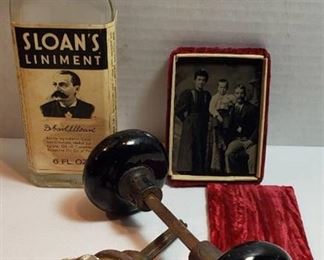 Vintage Items: Glass Doorknob, Black Doorknobs, Tin Type Family Photo in Velvet Carrying Case and Sloan's Liniment Bottle