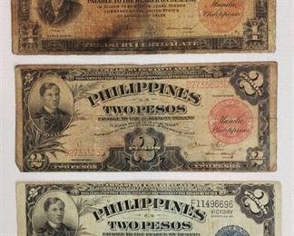 3 Philippines Paper Currency: 1936 One Peco, 1936 Two Pecos, & 1944 Victory Series No. 66 Two Pecos