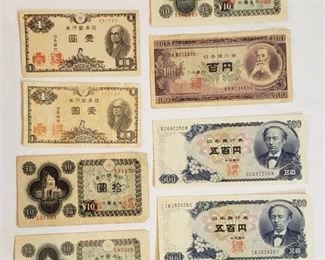 Japanese Paper Currency: 5 Sen, 1, 10, 100 & 500 Yen
