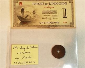 Banque De L'Indochine ~ 1945 Paper Currency and 1930 Indo-chine Franchise 1 Cent