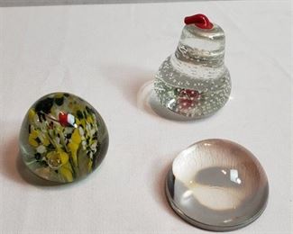 3 Glass Paperweights: Red Stem Pear by Arco, Tear Drop Multi-color and Half Sphere Magnifying - LOCAL PICKUP ONLY