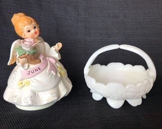 Vintage June Angel Music Box and Milk Glass Basket