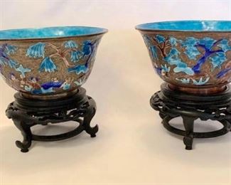  Asian Blue Enameled Copper Bowls