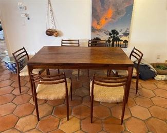 Table: Vejle Stole Mobelfabrik, Made In Denmark
Approx- 30" Tall  64 1/2 L  X  29 3/4 W                                  Chairs: Set of 6 Neils Moller #78 Hardwood 17" to seat 32"to back
            