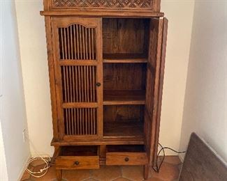 Indo style bookshelf cabinet approx 70" tall X 35" wide X  15" deep Three Shelfs