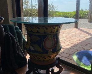 South American/ Mexican  pot on wood stand 25" tall glass top 23 1/2" round