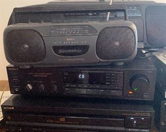 Sony Receiver, CD player and assorted boom box.tape players