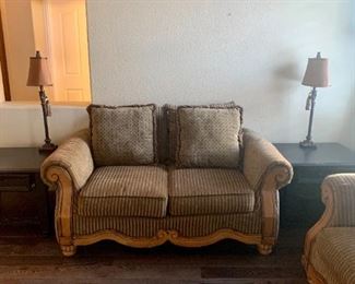 Sofa Loveseat with Cherry Wood.  2 End Tables, Lamps.
