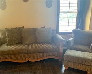Cherry wood matching set sofa, chair, ottoman and pillows!