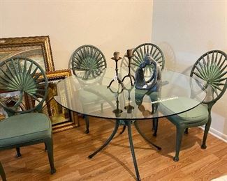 48 inch large round aluminum in or out table with  4 padded upholstered chairs, with fan relief look on  chair backs  $650 or best offer on Saturday afternoon 