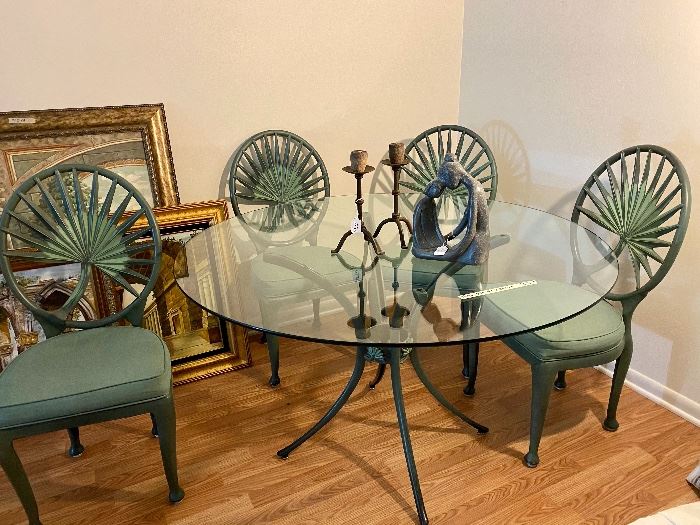48 inch large round aluminum in or out table with  4 padded upholstered chairs, with fan relief look on  chair backs  $650 or best offer on Saturday afternoon 