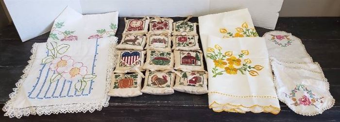 Embroidered Linen Items: Table Runners, 12 Months Mini Hanging Pillows, Pair of Standard Pillow Shams and 3 Dollies