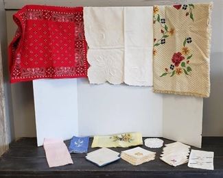 3 Square Table Clothes ~ Various Sizes and Assorted Cloth Napkins ~ most Embroidered ~ some of the linens may have small stains