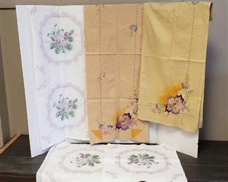 Unfinished Embroidered Linens: 6 Squares, 6 Squares (Connected), Table Scarf and Square Table Cloth