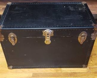 Black Streamer Trunk w/Leather Handles (one broken) and Interior Shelf ~ no key ~ 33 x 19 x 21 in. tall