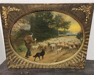 Vintage Shepherd Print w/Vintage Frame w/ Oval Opening ~ 22 x 18 in. tall
