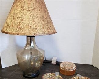 3 Carnival Dishes (one is Rose Iridescent Vanity Powder dish) and Glass Bottom Lamp (24 in. tall) ~ Works