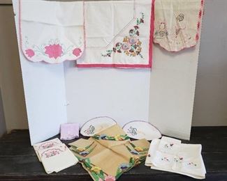 Embroidered Table Linens and Pair of Pillowcases