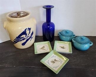 Bluebird Crock Cookie Jar, Bird Oil Dipping Dishes, 2 Denby Mini Bean Pots and Blue Vase