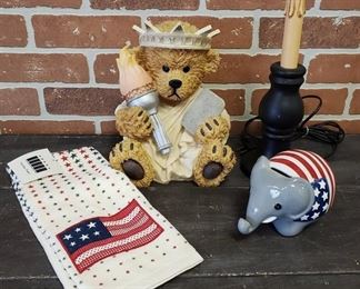 Patiotic Decor: Star Lamp (works), Resin Bear Statue of Liberty, Elephant Bank and Towel