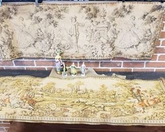 2 Vintage Tapestries ~ 54 x 18 in., Gold Table Runner and 4 Figurines made in Japan